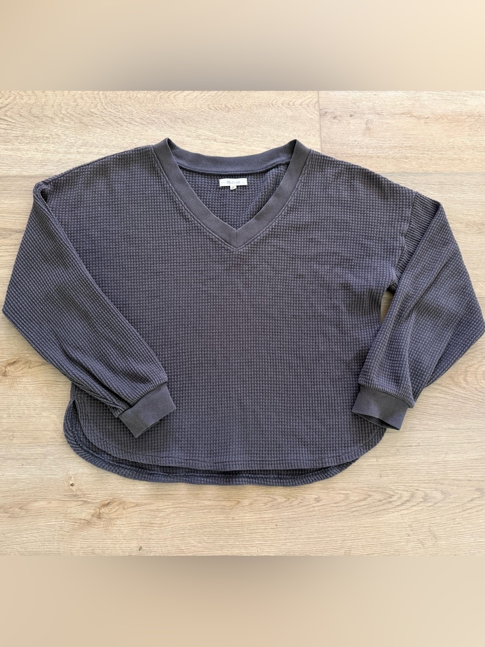 Madewell Waffle Knit V Neck Thermal Pullover Medium Brown Charcoal